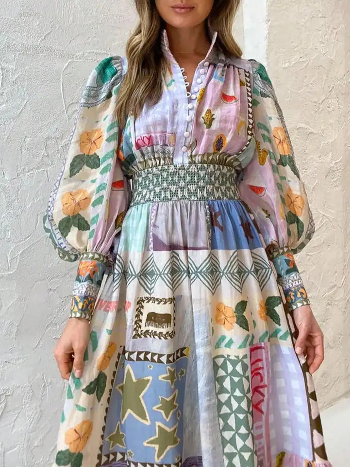 Spring and summer Bohemian style loose plaid sleeping casual waist pleated flame dress suitable for women elegant multi el 250407