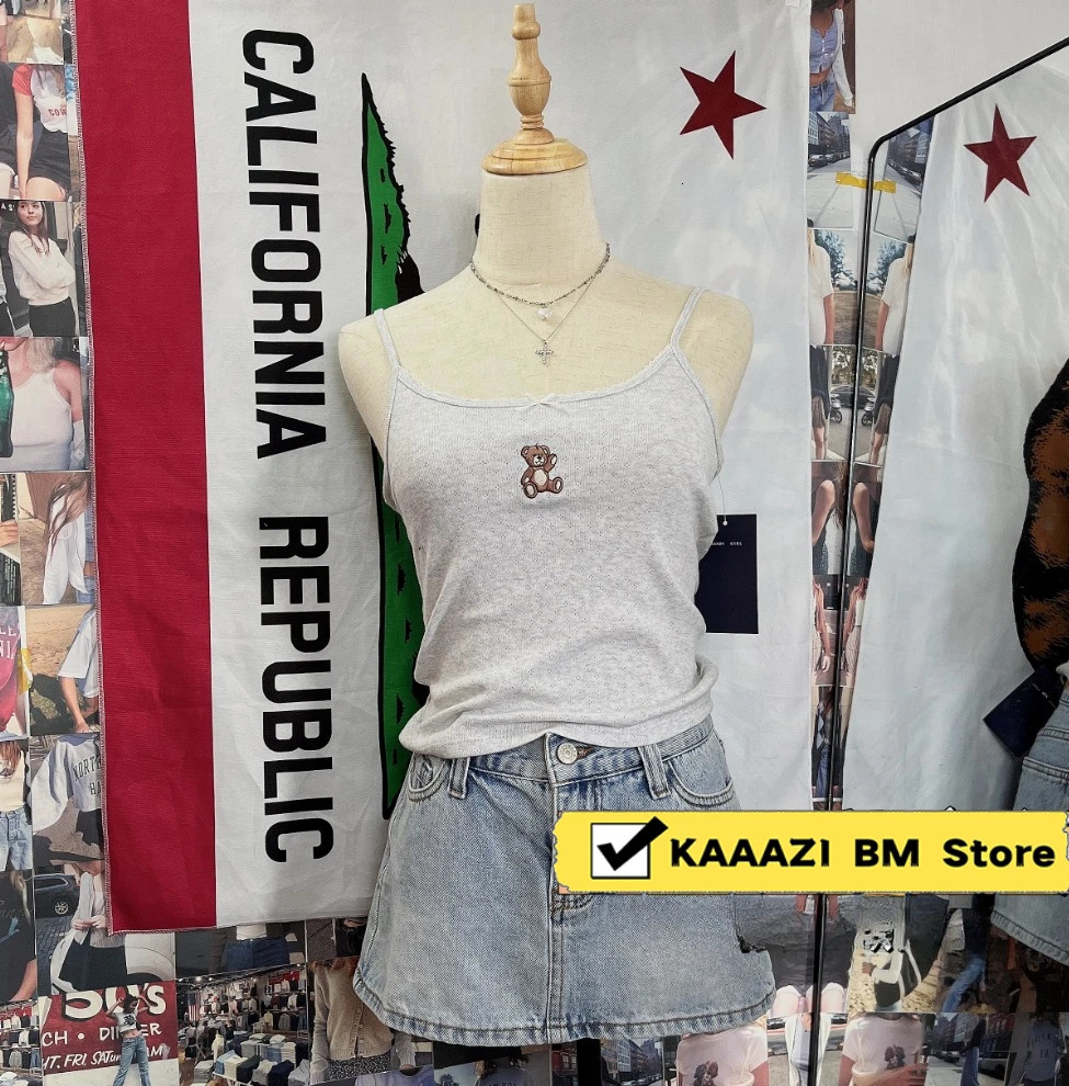 Cute teddy bear ed bow vest womens summer sleeve strapless solid retro slim crop top Y2K Versatile 250407