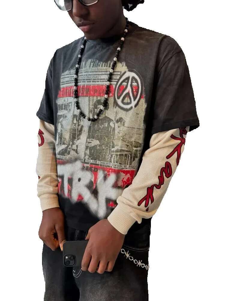 Y2K - Men's oversized T-shirt, streetwear, haruku, lettering, fashion, casual, loose, synthetic two-piece top set