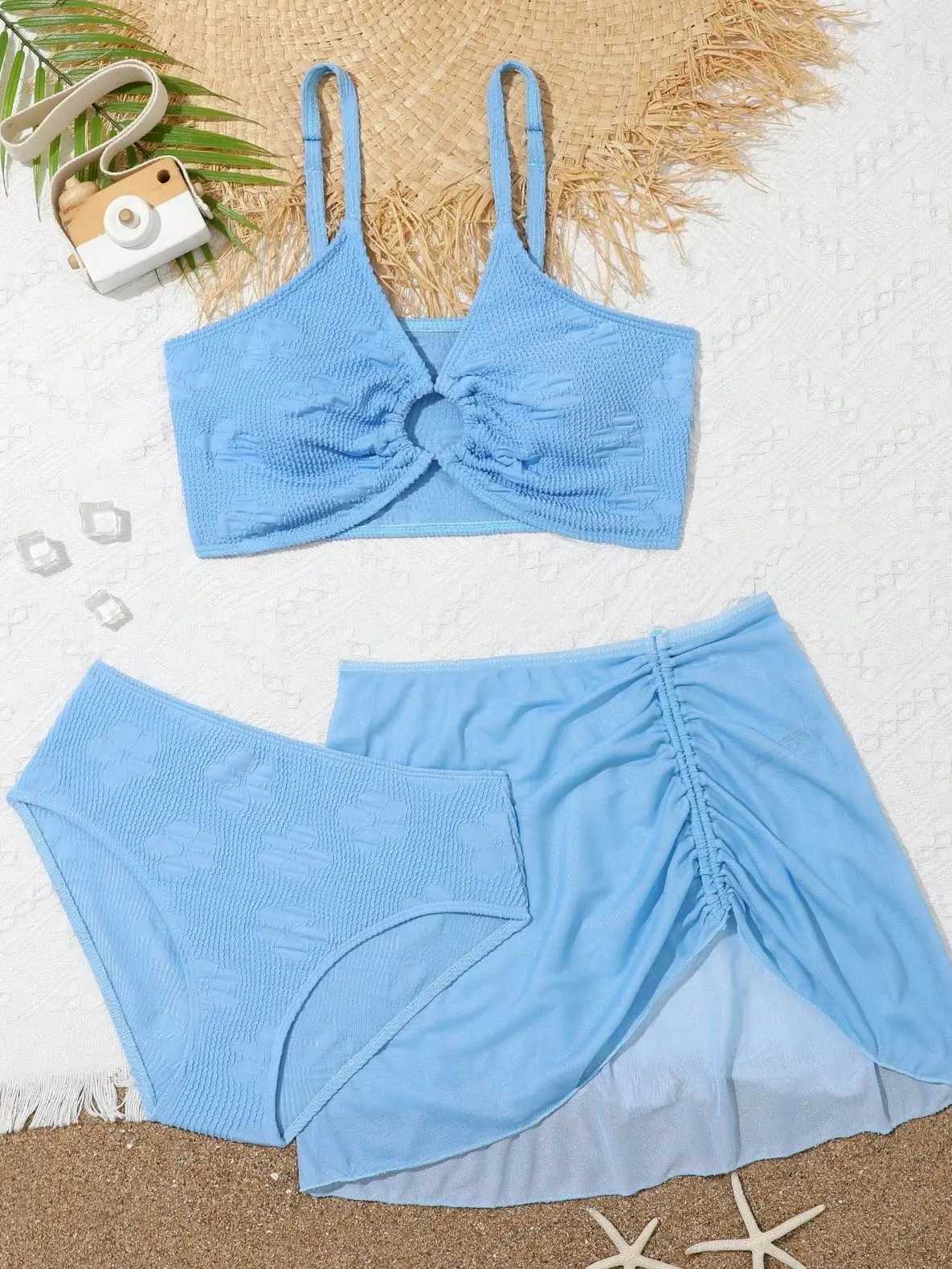 Girls 3-pack blue bikini set with ski straps 7-12 years old childrens Rlinked 2024 swimsuit J250403