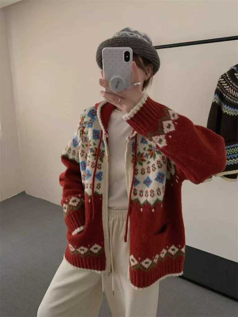 Autumn Winter Red THiCK Sweater Coat Women Christmas Fair Isle Jacquard Hooded Knitted Cardigan Warm W251107