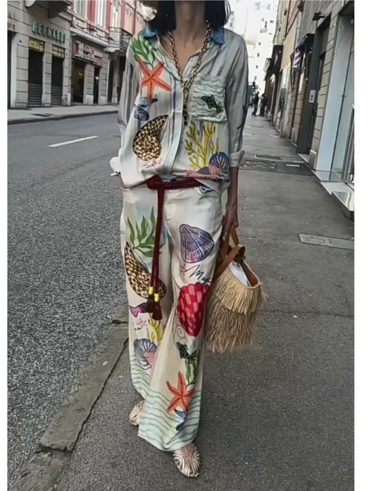 Bohemia Satin Print Loose Pants Sets Women Causal Long Sleeve Shirts Two Piece Female Beach Summer Outfits Streetwear 250313