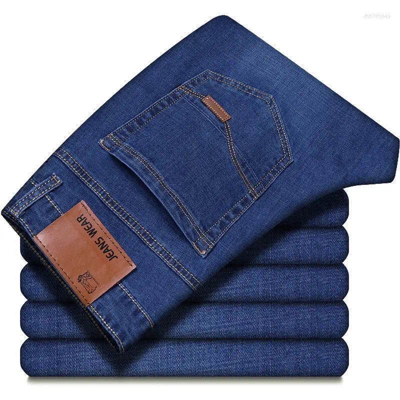 Ice Silk Elastic Men Jeans JEAN Business Breathable Casual Straight Stretch Fashion Classic Blue Black Work Denim Trousers Male Brand Clothing