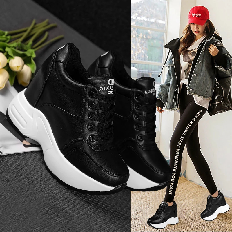 Womens Ankle Boots 2024 Spring Leather Chunky Shoes Woman Platform Height Increased Sneakers 10CM Thick Sole Wedges White Boots 250402