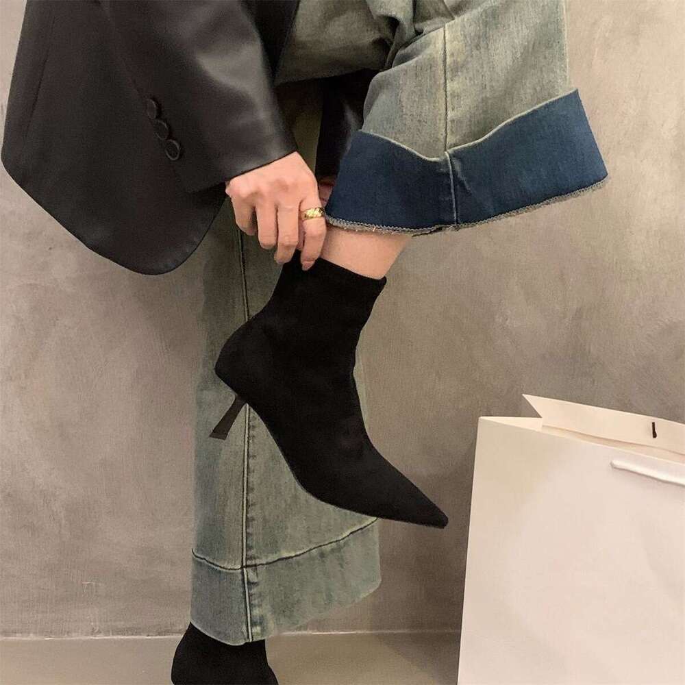 High Heel Free shipping Pointed Toe Brown Suede Slim Short Women's Shoes 2025 New Autumn Winter Fleece-Lined French Style Ankle Boots