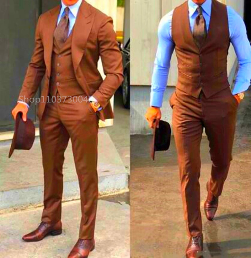 Solid color fashion mens boutique business suit wedding set formal grooms evening dress 3-piece set dress top lapel jacket vest pants 250402