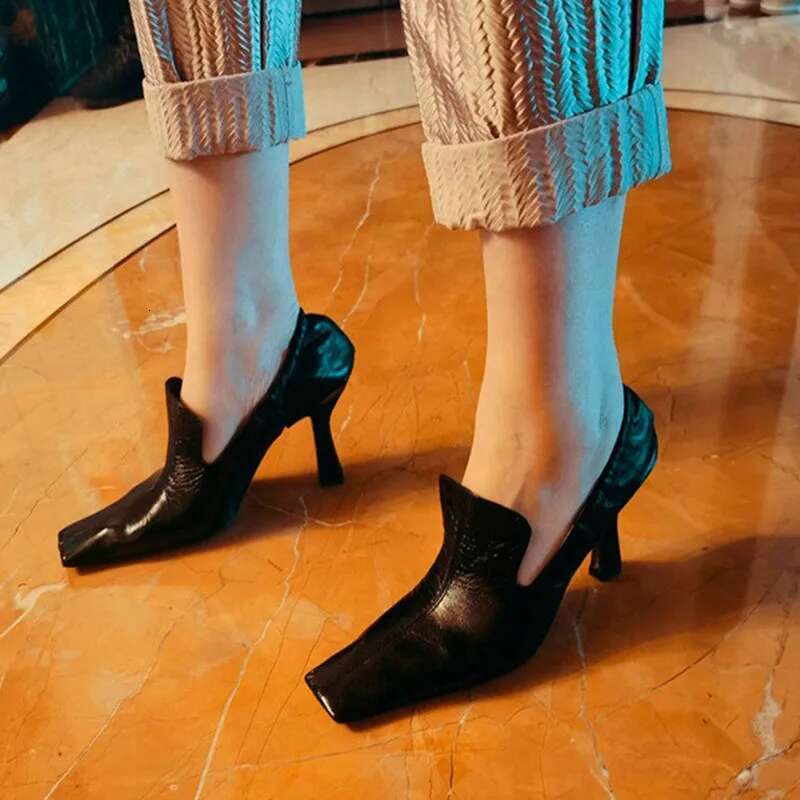 2025 New Square Head Pumps Female White High Heels Stiletto Retro Mueller Witch Shoes