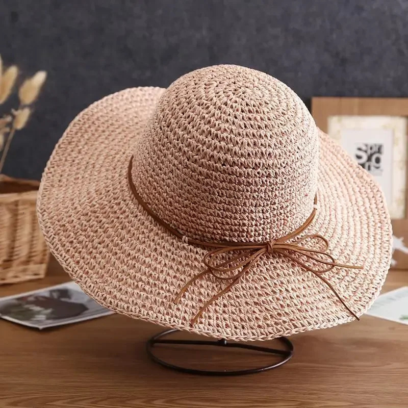 Beach hat adult womens sunscreen simple straw summer sun folding bow travel 250326