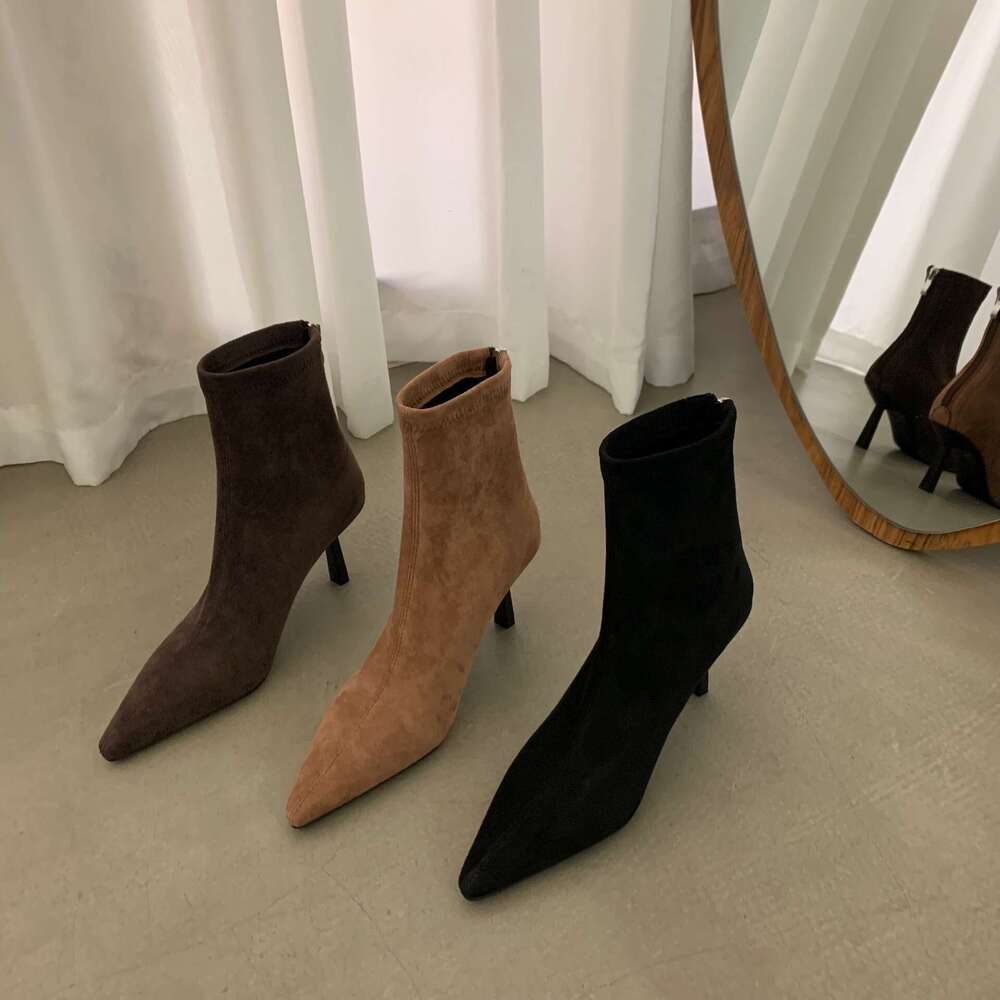 High Free shipping Heel Pointed Toe Elegant Suede Slim Short For Women 2023 New Autumn Winter Fleece-Lined Korean Style Ankle Boots