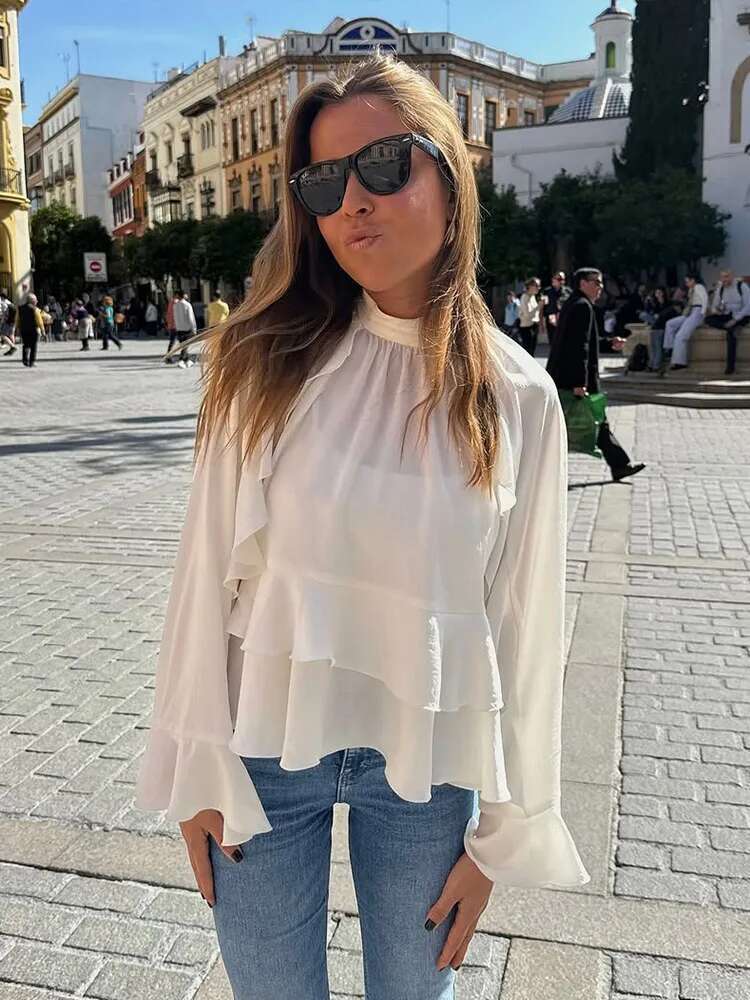 Elegant White Double Layered Ruffles Hem Women's Blouse Spring Round Neck Flare Full Sleeve Shirts New Summer Office Streetwear