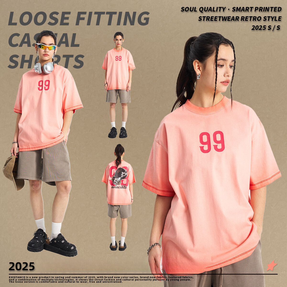 Chain fashion men's clothing | 2025 spring/summer vintage gradient T-shirt trendy brand loose wax printed pure cotton short sleeved shirt