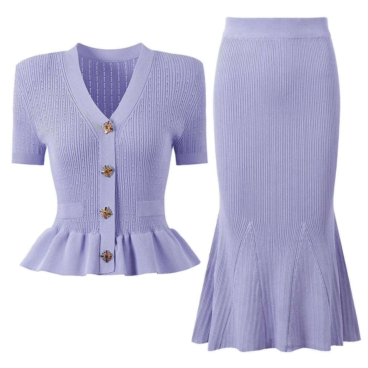 Quality Crytal Summer Knitted Two Piece Set Women Short Sleeve Knitting Cardigan Fishtail Long Skirt Suit 2pcs Outfit Knitwear 251106
