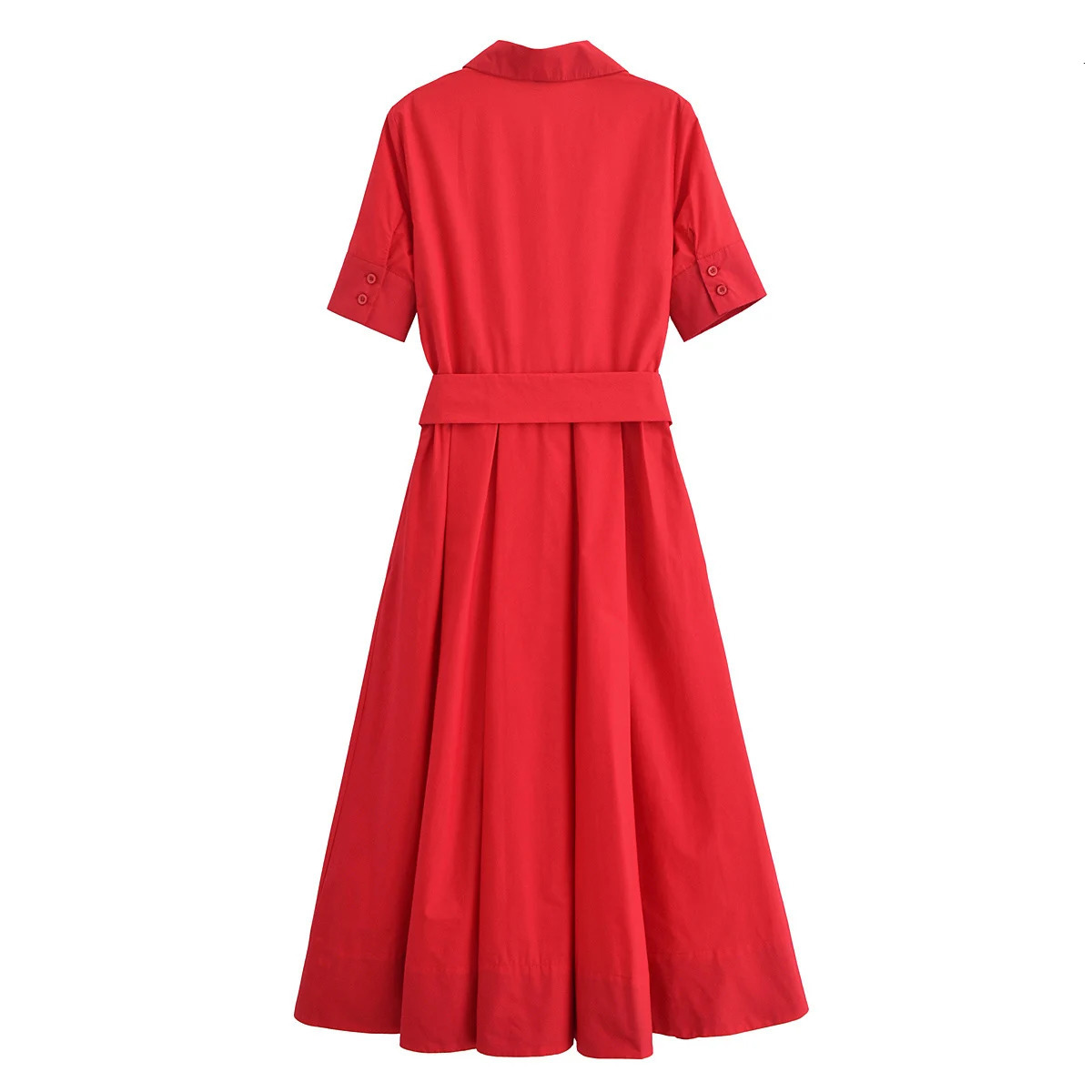 Spring and summer womens clothing temperature red bow decoration lapel short sleeved poplin shirt style MIDI dress 250407