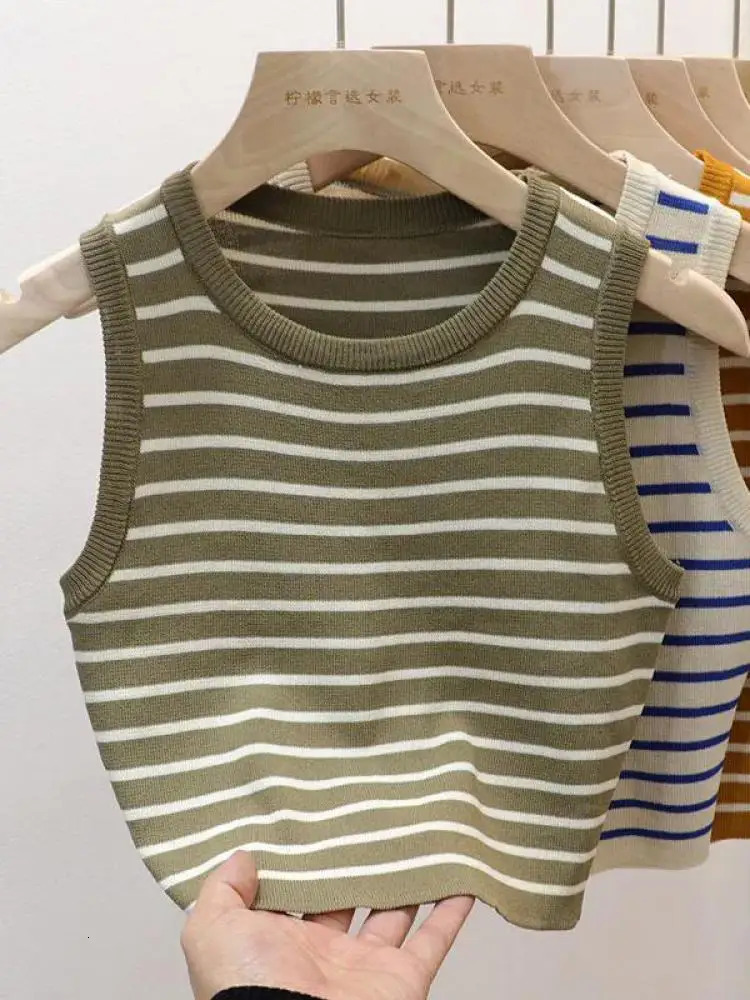 Summer Spring Striped Vest Womens Sleeveless Knitted Tshirt Crop Top Elastic Ultra Thin Casual Zipper 250407