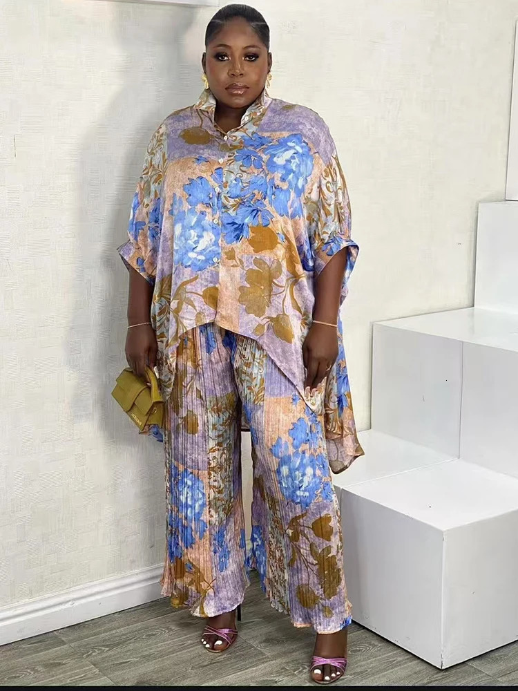 Summer Womens Retro Geometric Printed Loose Irregular Shirt Two Piece SetElastic Waist Drop Fold Wide Leg Mens Set 250407