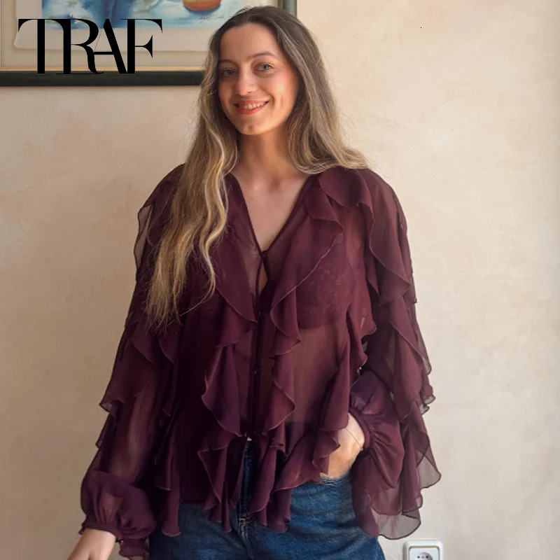 TRAF Womens Yellow Purple Shirt and Summer Ruffle Long Sleeve Fashion Layered Translucent 250407