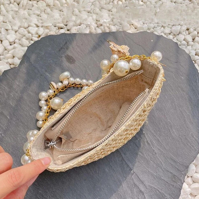 New Free Shipping Designer Bag Fashion Made Shell Lady Evening Bags Conch In Woven Chain Beaded Trim Shoulder Bag Handheld Beach Vacation Womenshandba