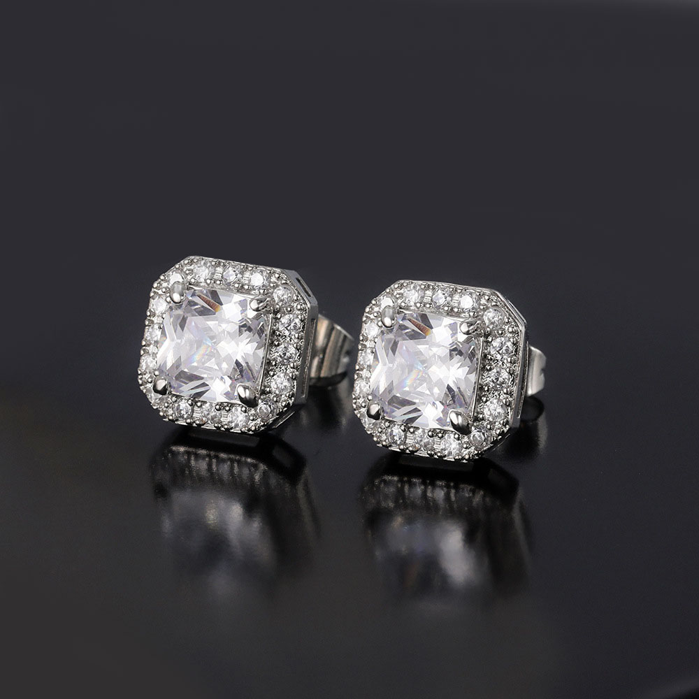 Luxury Cubic Zirconia Stud Earrings for Women Men 18K Real Gold Plated Sparkling CZ Crystal Earrings Designer Simulated Diamond Square Earrings Party 