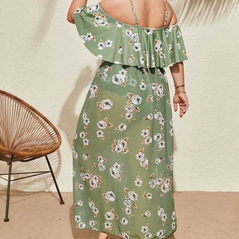 Fashionable large ruffle edge digital printed bra, high waisted triangle long pants, skirt, three piece set, plus size swimsuit