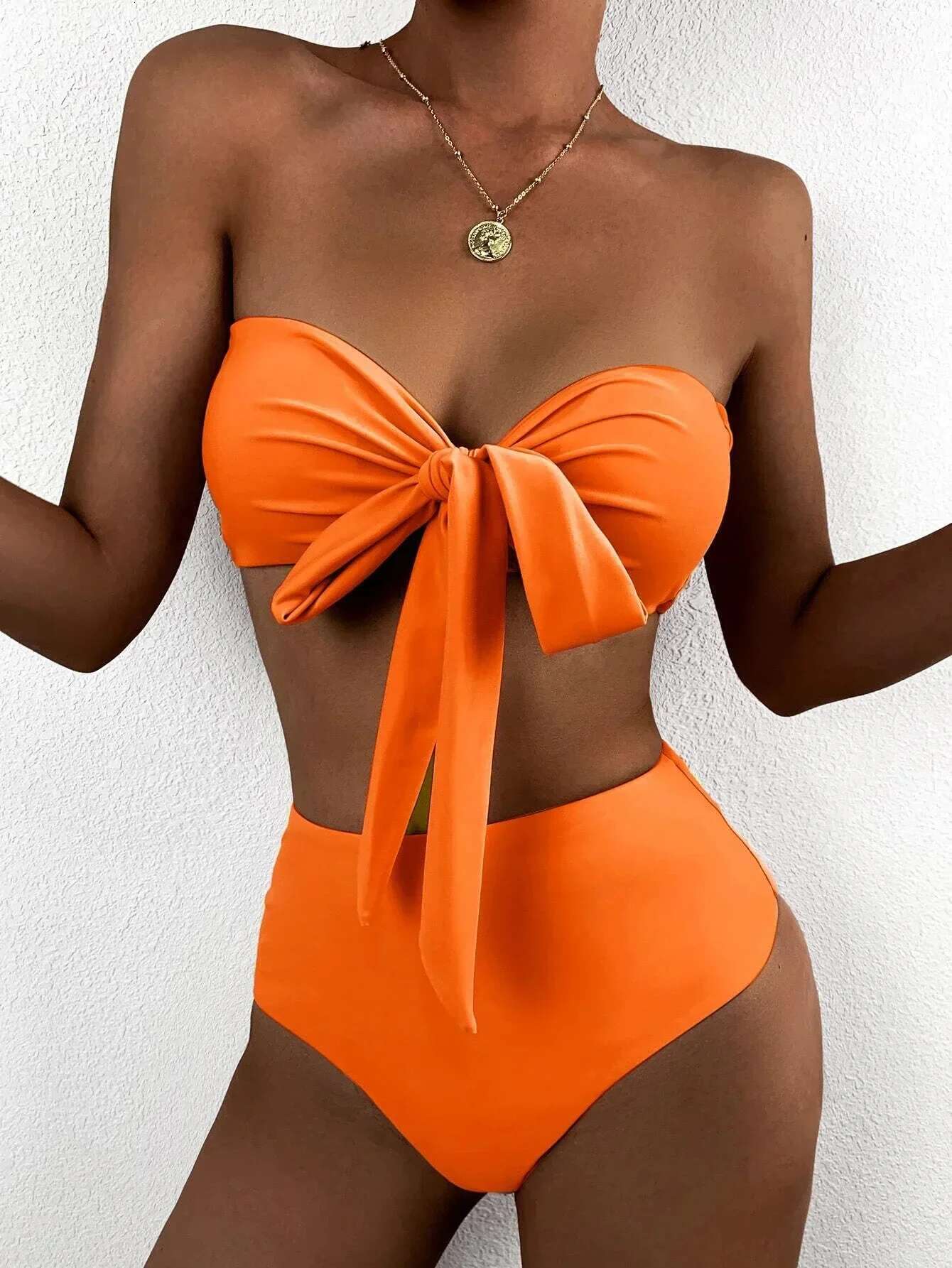 Dongdumaoyi Sexy Front Bow Bikinis Sets Women Orange Blue Bandeau Push Up Two Piece Swimsuit Cut Out Bathing Suit High Waist Swimwear