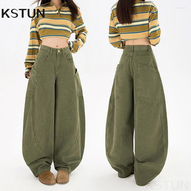 Women's Jeans KSTUN Baggy Green Women Wide Leg Curved Pants Loose Fit Cotton Trousers Vintage Threedimensional Large Pockets Trendy Z260313