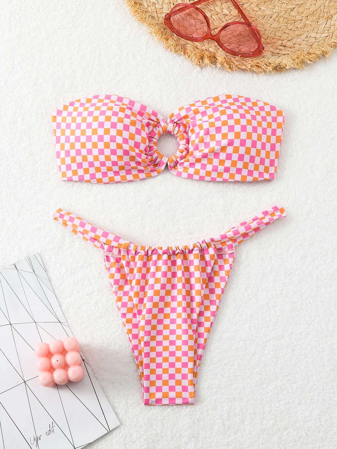 Dongdumaoyi Sexy Bandeau Bikini Mujer Women Pink Plaid Hollow Out Ring Linked Push Up Micro Swimsuit Beach Bathing Suit Thong Swimwear