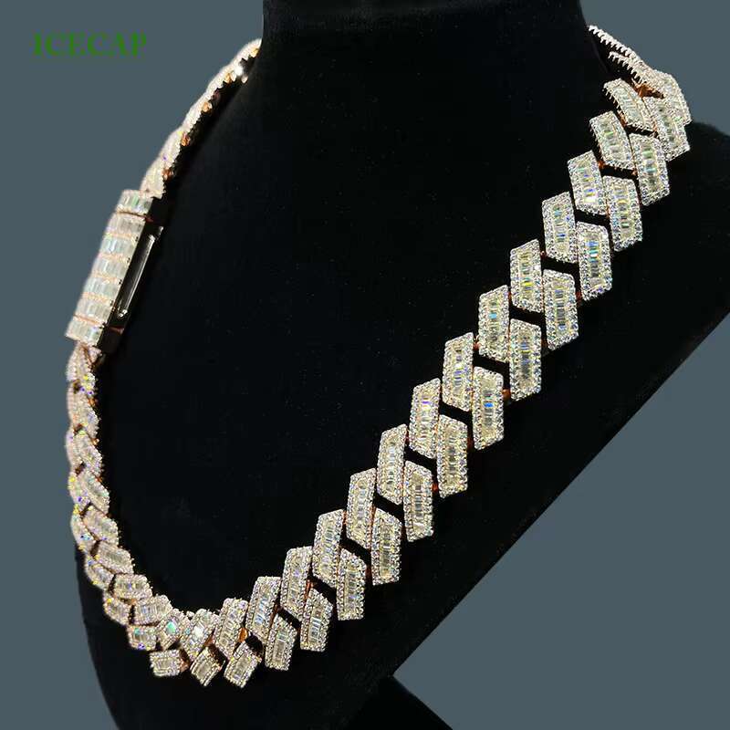 ICECAP Boutique Jewelry VVS Rose Gold Plated Round&Baguette Moissanite Necklace Cuban Chain