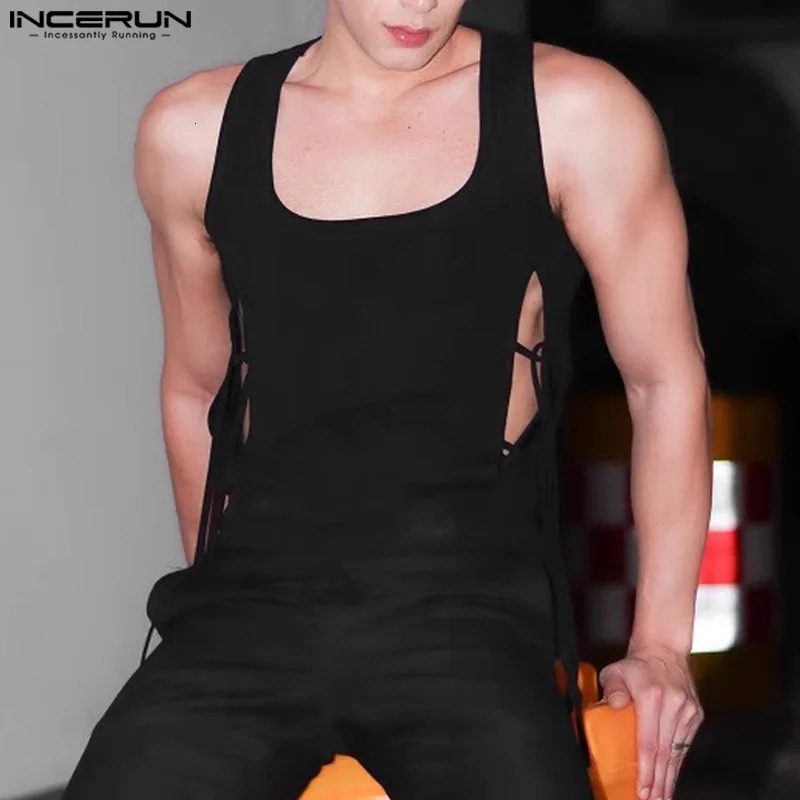 Mens Tank Top Solid Color Hollow Lace Street Clothing Mens Summer Sexy Fitness Mens Tank Top S-5XL INCERUN 250403
