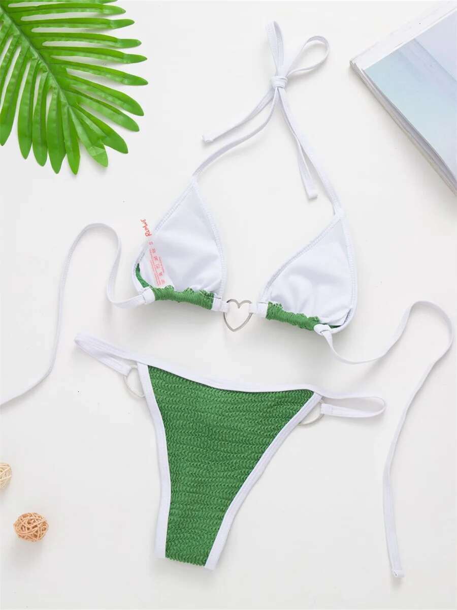 Dongdumaoyi Sexy Green Micro Bikini Mujer Women Ring Linked Push Up Pleate Mini Swimwear Brazilian Cut Out Bathing Suit Thong Swimsuit