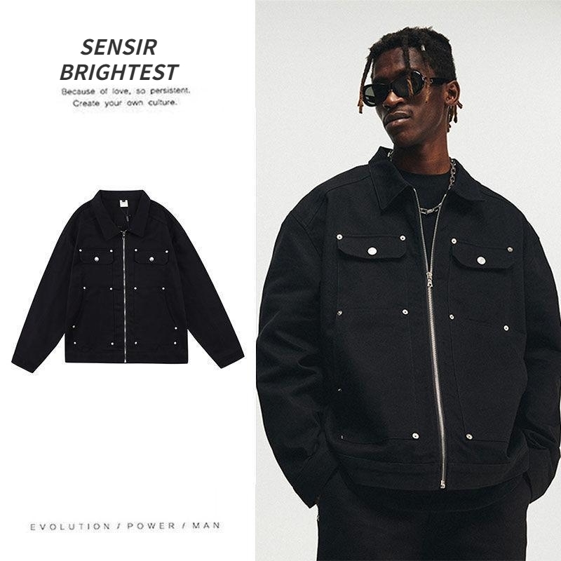 American style street metal stud denim jacket mens retro hiphop washed loose zipper 250312
