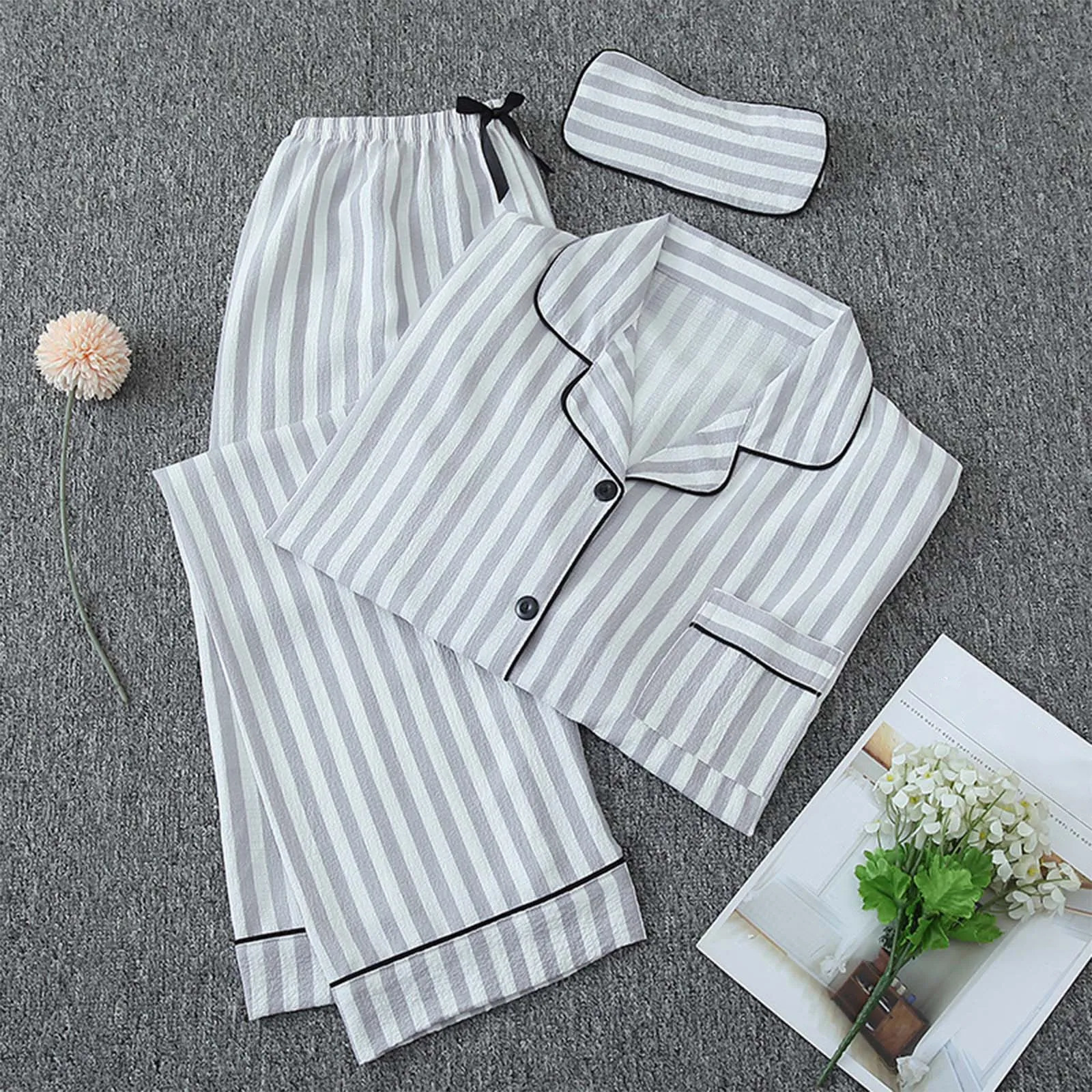 Womens pajama set long sleeved button twopiece striped casual with eyes sexy womens clothing 250313
