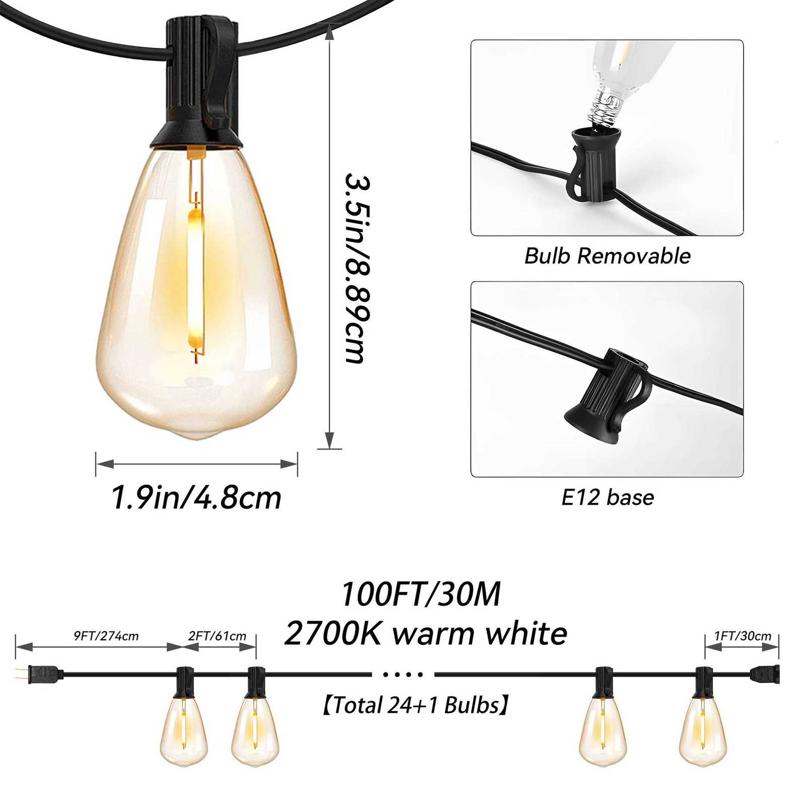100ft Outdoor String Lights Waterproof ST38 Globe Led Patio Lights with 24 Edison Vintage Bulbs Connectable Outdoor Lights for W251107