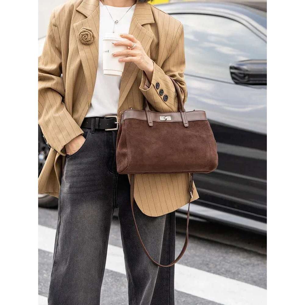 New Wine Red Chamois Tote Large Real Suede Cow Leather Women Hand High-End Female Commuter Travel Shoulder Bag