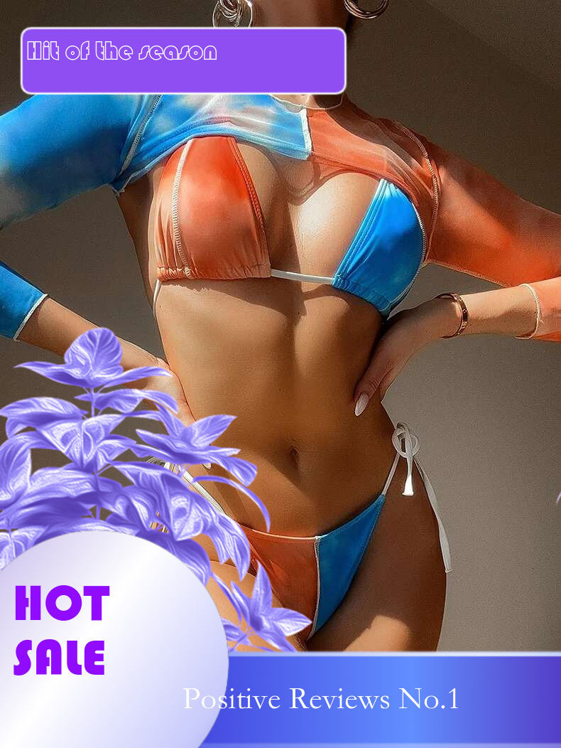 Dongdumaoyi Sexy Orange Blue Contrast Bikini Set Women Long Sleeve Mesh Cover Up Piece Swimsuit Brazilian Bathing Suit Thong Swimwear