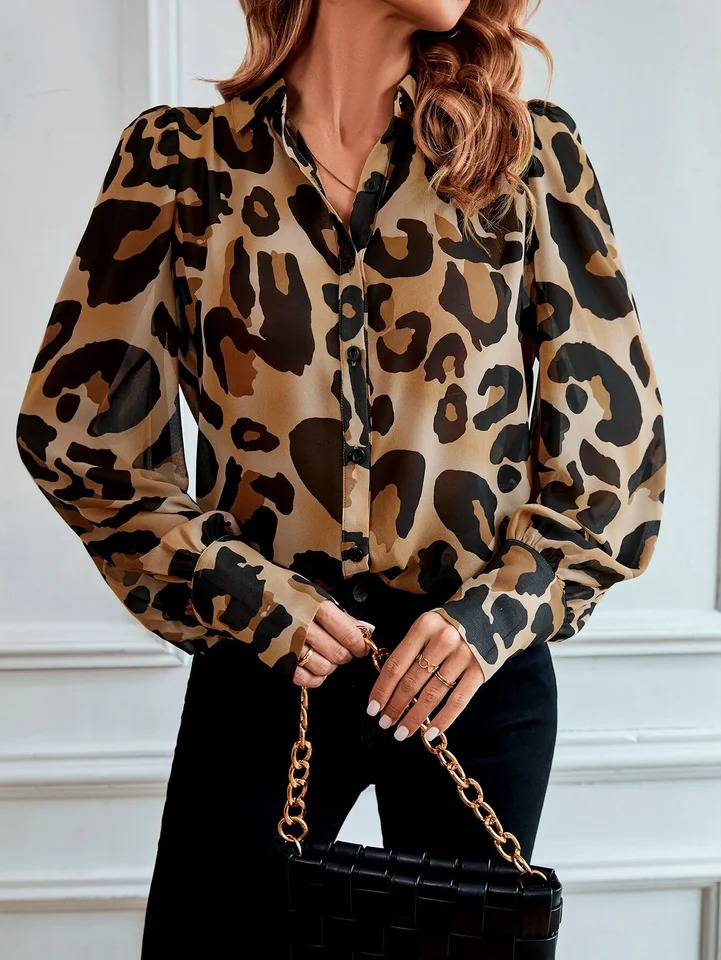 Spring and autumn womens fully printed leopard print lapel shirt long sleeved suitable for work leisure office 250407