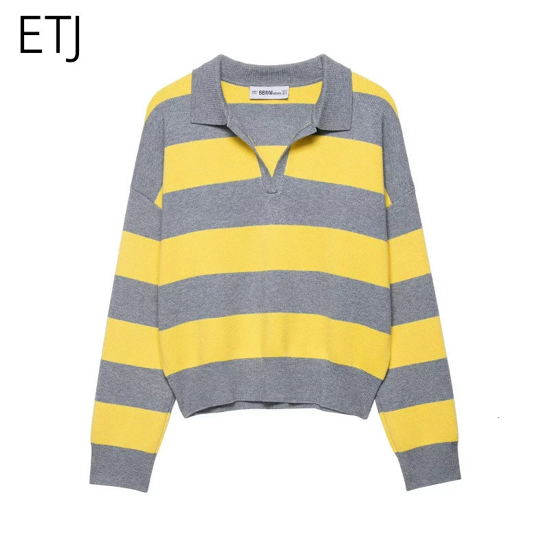 ETJ Autumn womens line street style fashion yellow wide stripe polo neck loose version of long-sleeved sweater 251105