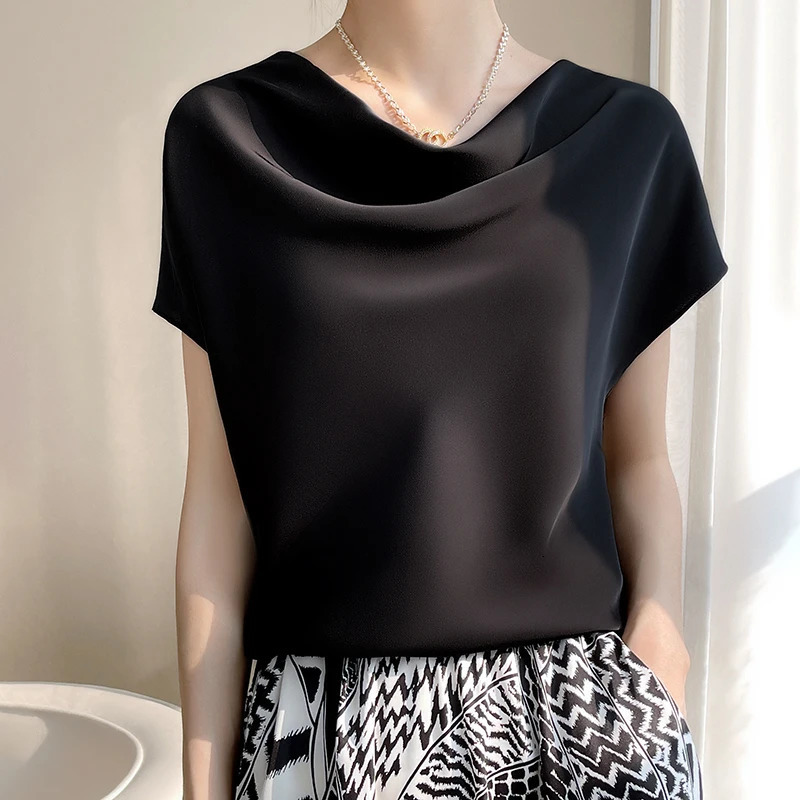 Silk womens Tshirt summer crew collar short sleeved tee casual solid color bottom loose top zipper 5XL 250407