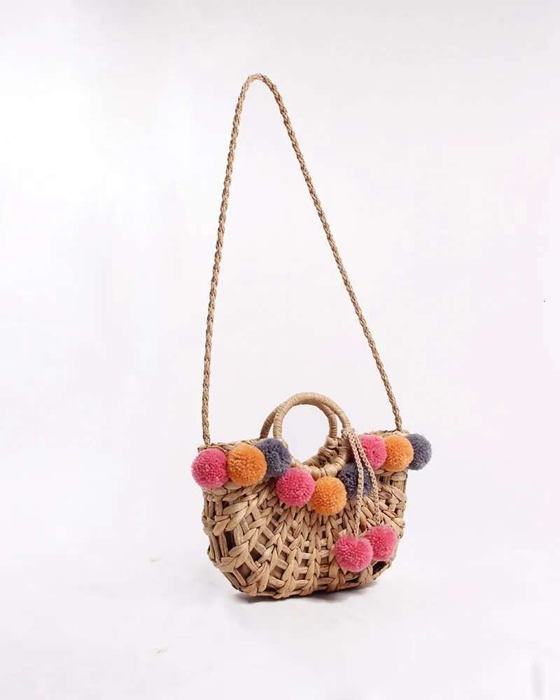 NEW Colorful Wool Ball Pom Beach Shopping Basket Chic Woven Straw Handbags For Women Shoulder Bag Summer Totes Female
