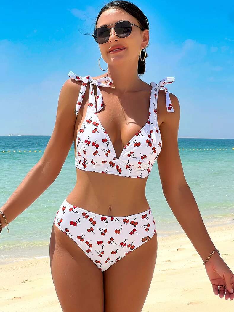 Dongdumaoyi Black Cherry Print Bikini Set Women Tie Up Strap V Neck Push High Waist Swimsuit Cut Out Bathing Suit Two Piece Swimwear