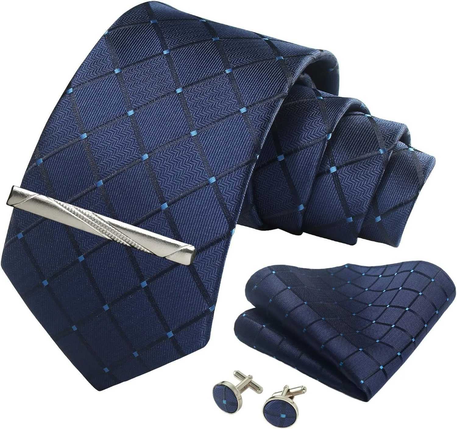 Classic 100% Silk Mens Ties In Gift box 8cm Plaid Dot Striped Business Necktie Handkerchief Cufflinks Wedding Party Tie Set X250407