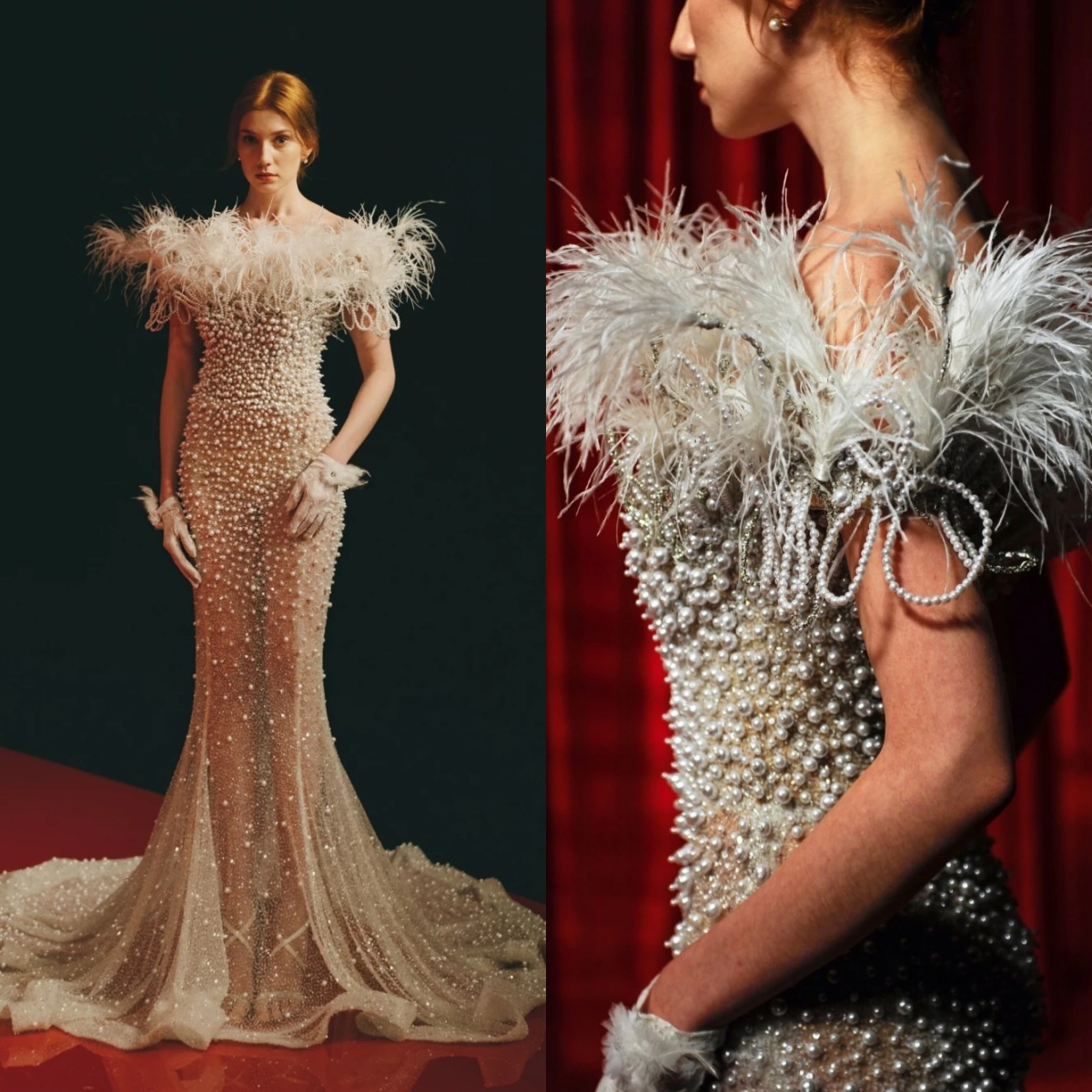 Exquisite Evening Dresses Off Shoulder Sleeveless Gown Pearls Sequins Feather Sweep Train Dress Party Customized Dress
