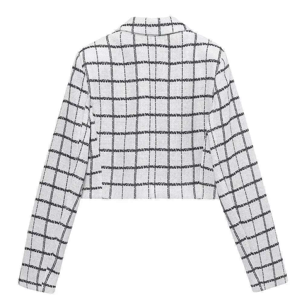 Women Black Plaid Texture Knitted Short Blazer Autumn Winter White Coat