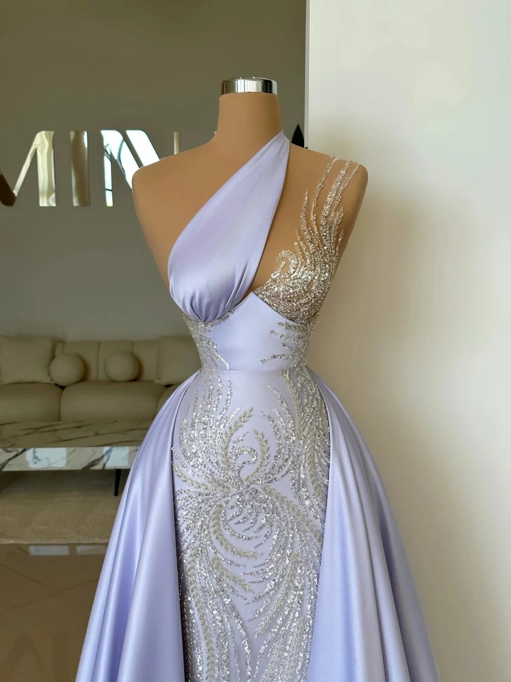 Elegant Evening Dresses Sequins Mermaid Prom Gowns with Detachable Train One Shoulder Customized Sleeveless Sweep Train Princess Formal Occasion Party