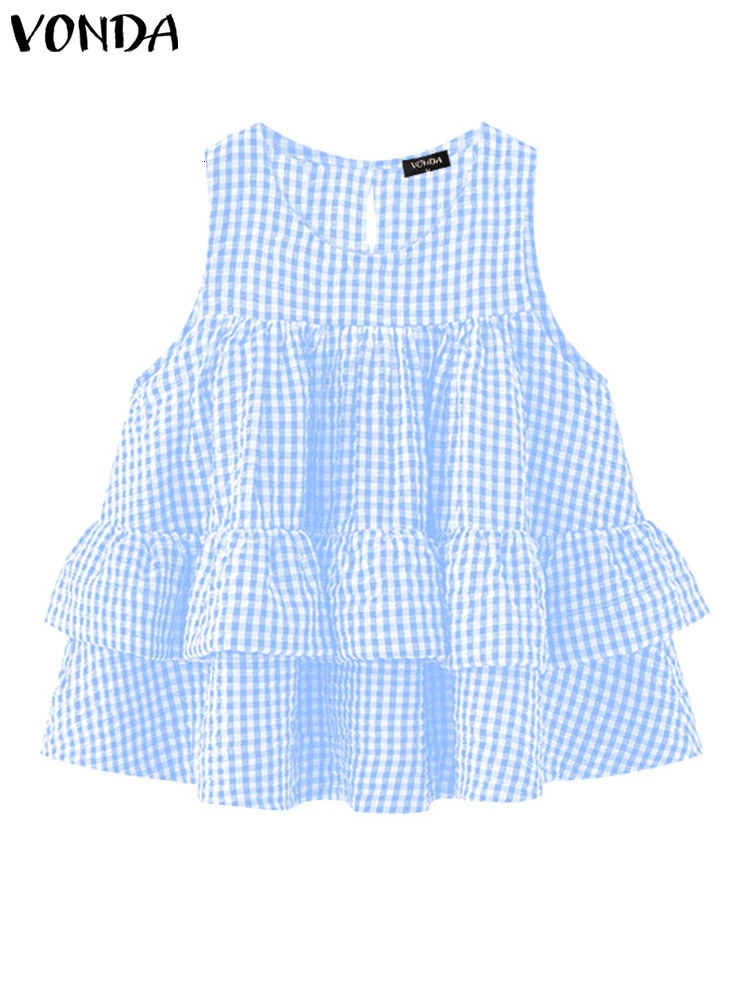 VONDA Womens Tank Top Sleeveless Plain Shirt Ruffle Camispo Bohemian Casual Oneck Tshirt Summer Oversized 250407