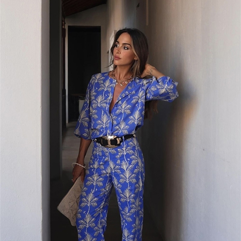 ZABA Womens Two Piece VNeck Printed Long Sleeve Top Loose High Waist Elasticated Wide Leg Pants Comfortable Set 250313