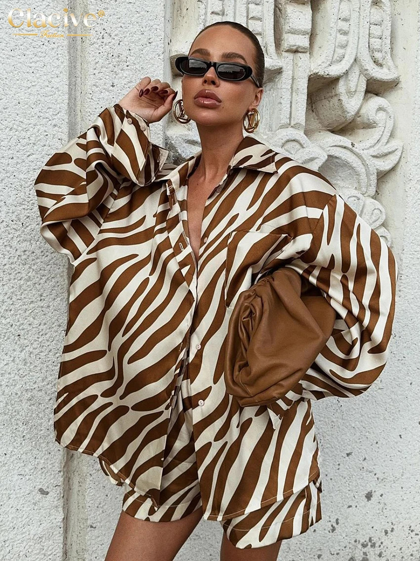 Clacive Fashion Loose Stripe Printed 2-piece Womens Dress Elegant Long Sleeve Shirt High Waist Shorts Set for Women 250402