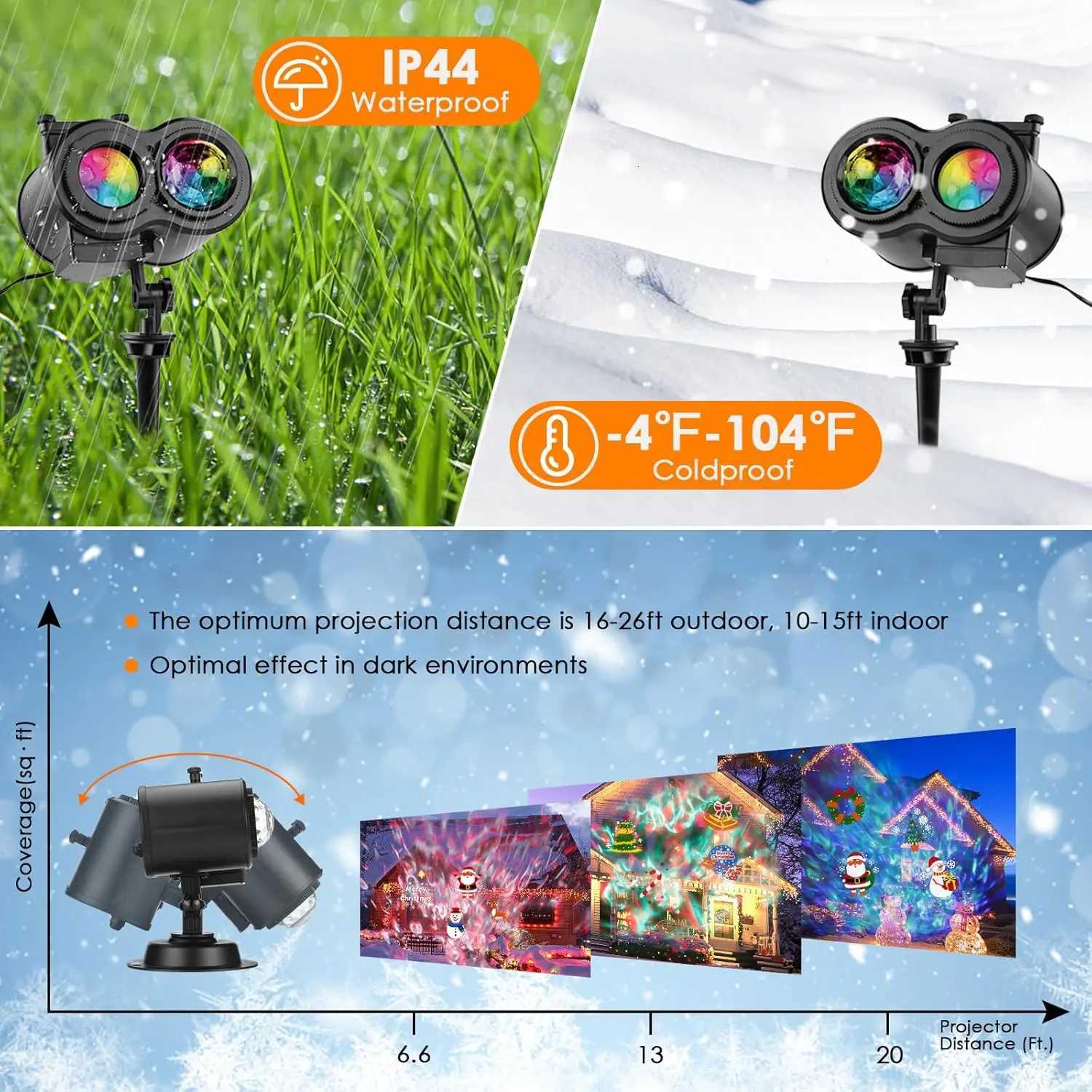Halloween Christmas Projector Lights Outdoor 16 HD Slides 2 in 1 Water Wave Lamp with Color Patterns Timer Remote for Party W251107