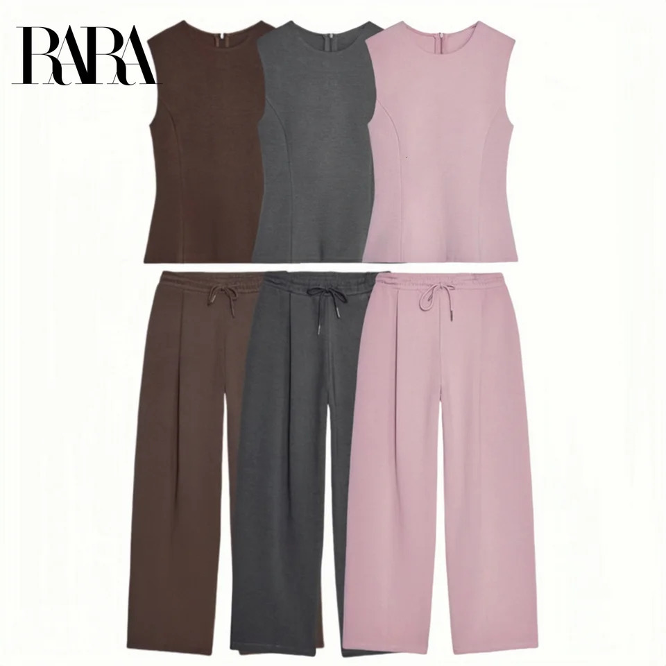 RARA womens sleeveless slim fit top paired with brushed wide leg pants set stylish and comfortable 250407