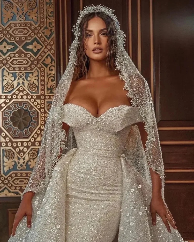 Gorgeous Sequined Wedding Dress Sparkling Crystal Off Shoulder Mermaid Bridal Gown Detachable Train Customized Vestido De Novia
