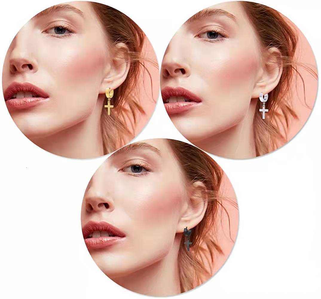 Top source cross clip without ear hole pendant earrings, trendy titanium steel fake earrings for male and female students